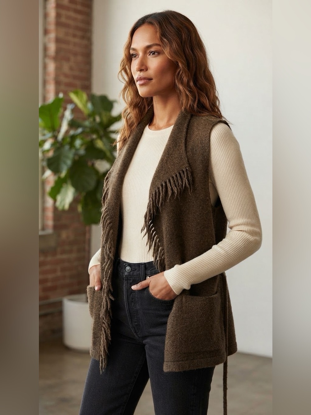 Aritzia Wilfred Free "Fei Fei" Brown Alpaca Wool Blend Fringe Vest / Tie Waist